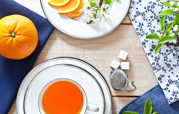 Picture table, tea, oranges, branch, Cup, sugar, flowering, saucer