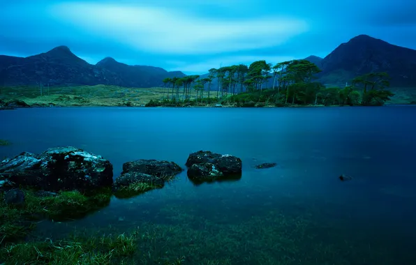 The sky, trees, mountains, lake, stones, the evening