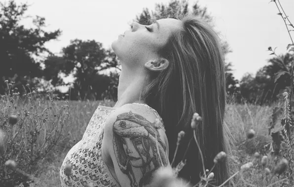 Girl, grass, field, woman, model, tattoo, redhead, black and white