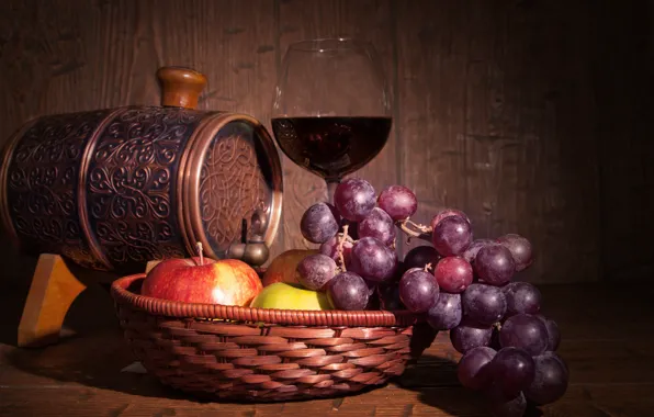 Wine, apples, glass, grapes, barrel