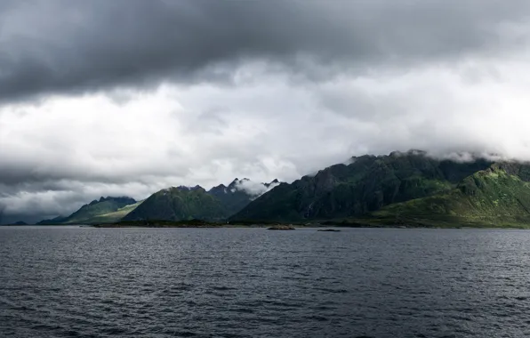 Forest, landscape, mountains, nature, lake, Norway, Coastline, Senya