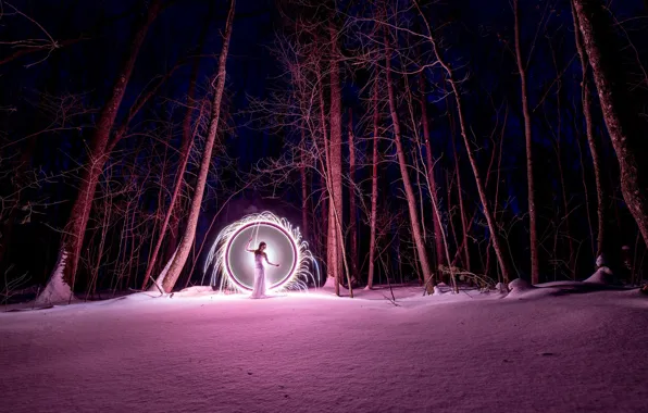 Winter, forest, girl, light, snow, trees, landscape, night