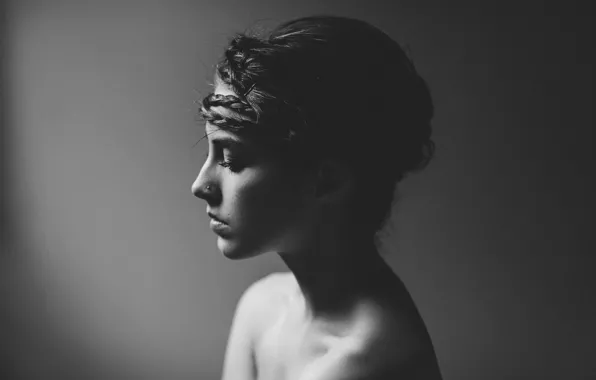 Picture girl, piercing, profile, black and white, braids