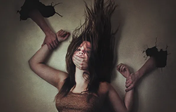 Picture girl, wall, hands