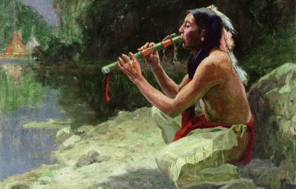 Picture the flute, the river, Eanger Irving Couse, The Call of the Flute