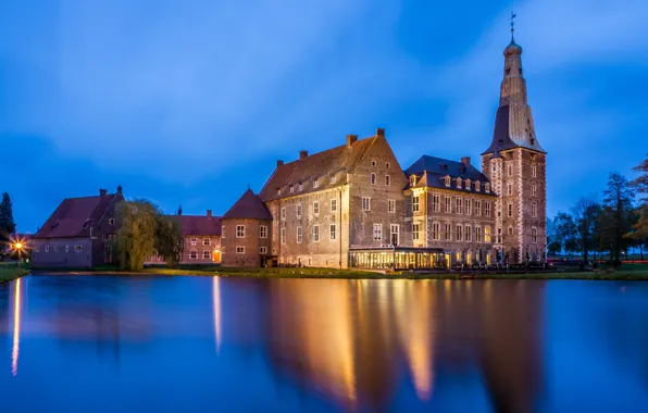 Picture pond, castle, the evening, Germany, Raesfeld