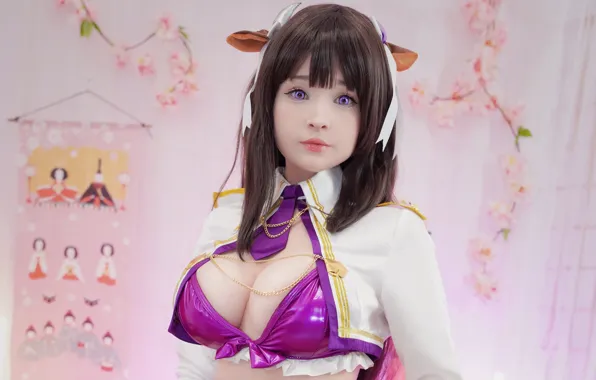 Girl, sexy, cleavage, horns, long hair, boobs, animal ears, beautiful