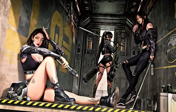 Look, gun, weapons, girls, fatigue, katana, pistol, waiting