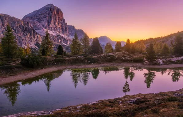 Forest, light, sunset, mountains, lake, reflection, rocks, shore