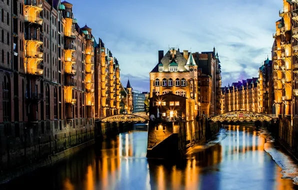 Lights, Germany, reflection, architecture, harbor, blue hour, Memory city, Hamburg