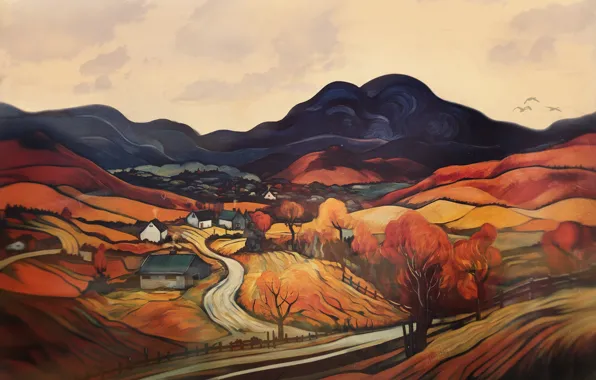 Road, autumn, trees, mountains, hills, village, houses, painting