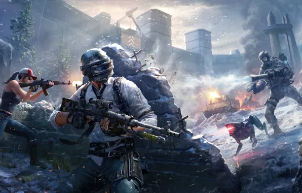Girl, gun, ice, game, war, snow, man, rifle