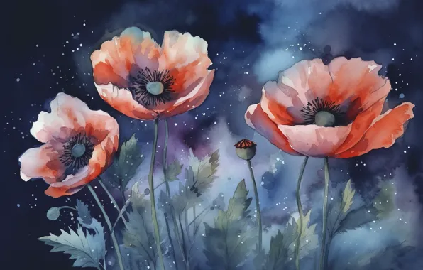 Summer, flowers, Maki, picture, red, painting, imitation painting, AI art