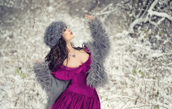 Winter, girl, branches, nature, hat, dress, brunette, coat