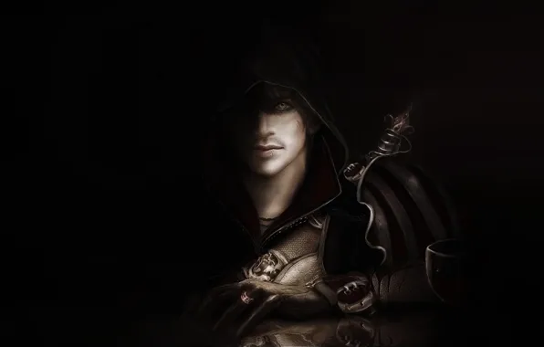 Hood, male, black background, cloak, this is not Ezio, Assassin's creed II