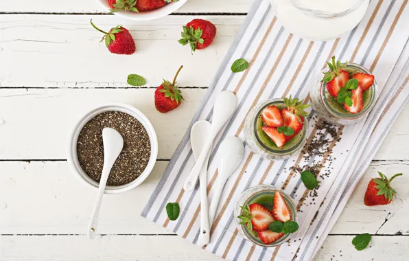 Berries, Breakfast, kiwi, strawberry, jars, spoon, pudding, Chia