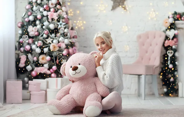 Picture girl, mood, bear, New year, tree, sweater, Teddy bear, Dmitry Arhar