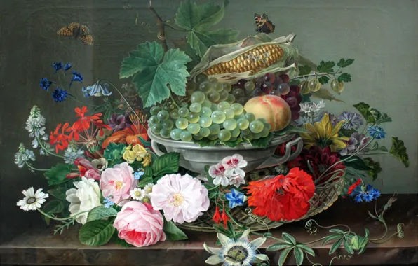 Butterfly, flowers, fruit, still life, Gottfried Wilhelm Voelcker
