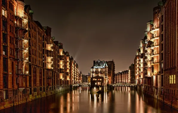 Light, night, bridge, building, home, Germany, Hamburg, Germany