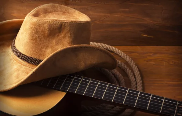 Picture guitar, hat, wood, cowboy, rope