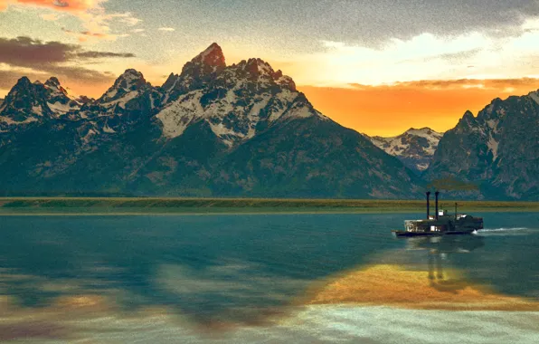 Water, sunset, mountains, Ship
