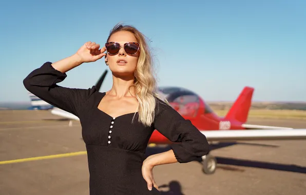 Lady, plane, lovely, posing, sunglasses