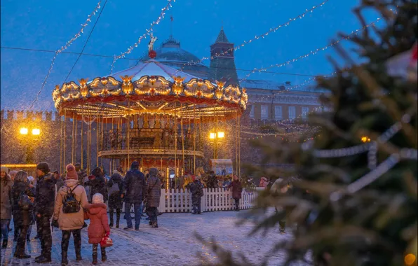 Picture winter, snow, the city, the evening, Moscow, carousel, tree, illumination