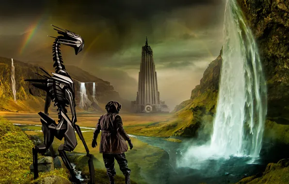Mountains, the building, waterfall, romantically apocalyptic, you will find friendship within