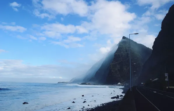 Road, sky, water, clouds, mountain, fog, liquid, shore
