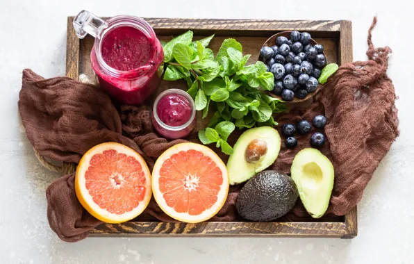 Cocktail, blueberries, tray, avocado, smoothies