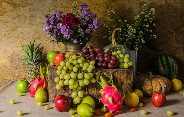 Flowers, apples, bouquet, grapes, fruit, still life, pear, flowers