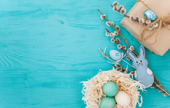 Branches, gift, eggs, spring, Easter, wood, Verba, blue