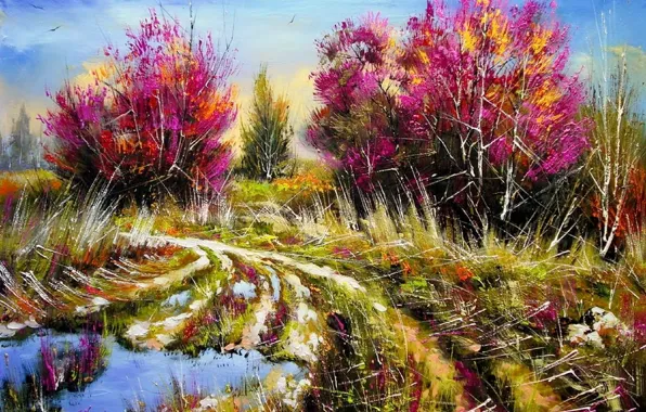 Picture road, trees, landscape, picture, spring, morning, puddles, painting