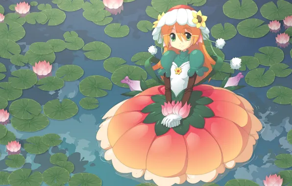 Flowers, swamp, anime, dress, Girl, water lilies