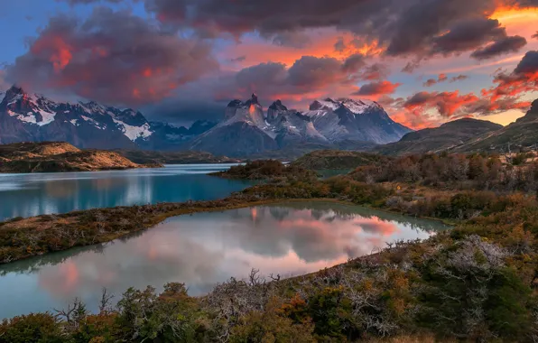 Clouds, mountains, river, Chile, Patagonia
