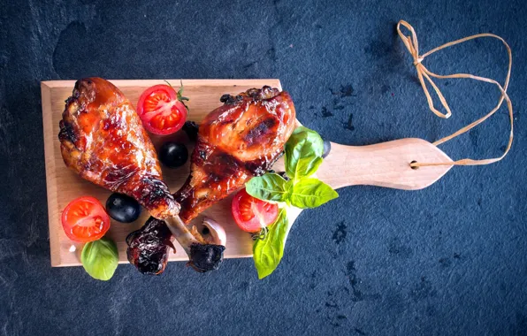 Food, legs, tomato, olives, chicken, cutting Board, Basil