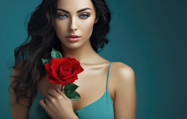 Look, girl, rose, blue background, AI art, neural network