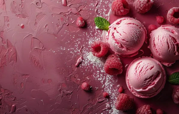 Balls, berries, raspberry, pink, ice cream, placer, pink background, mint