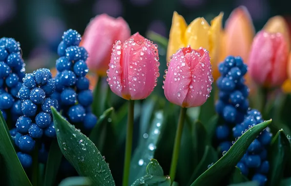 Drops, flowers, Rosa, spring, yellow, garden, tulips, pink