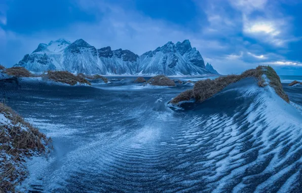Sand, mountains, hills, shore, dunes, Iceland, pond, blue tones