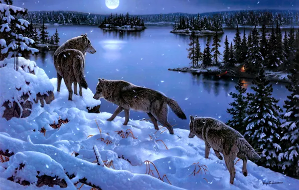 Winter, snow, trees, lake, art, wolves, Jerry Gadamus