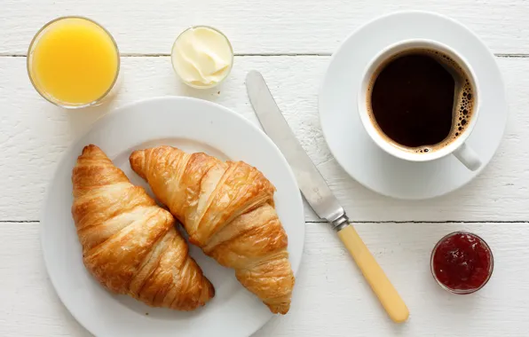 Coffee, juice, Cup, cakes, jam, croissants