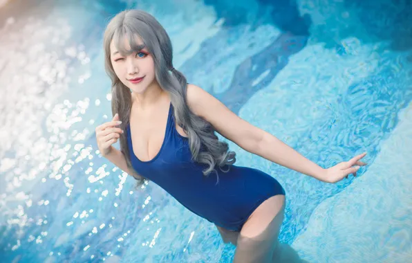 Swimsuit, chest, summer, look, water, girl, light, blue