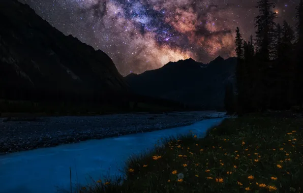 Mountains, night, shore, pond