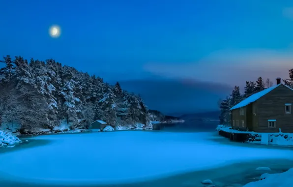 Night, house, Norway, Bay
