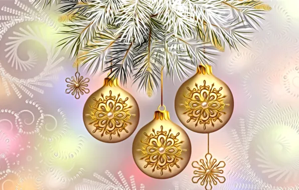 Light, decoration, snowflakes, rendering, holiday, figure, New Year, spruce branch
