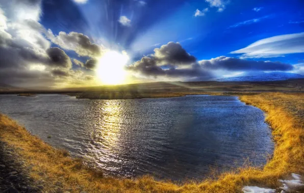 Picture the sky, the sun, landscape, mountains, yellow grass, lake, Wallpaper, snow