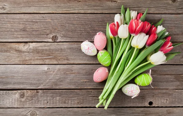 Flowers, eggs, spring, colorful, Easter, red, happy, wood