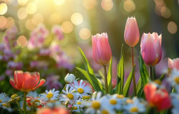 The sun, rays, light, flowers, chamomile, spring, garden, tulips