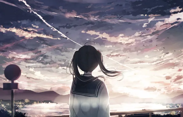 Picture sunset, anime, art, girl